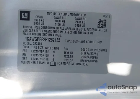 2015 Chevrolet Express 2500 Ls из США, поврежденный, VIN 1GAWGPFF2F1282132